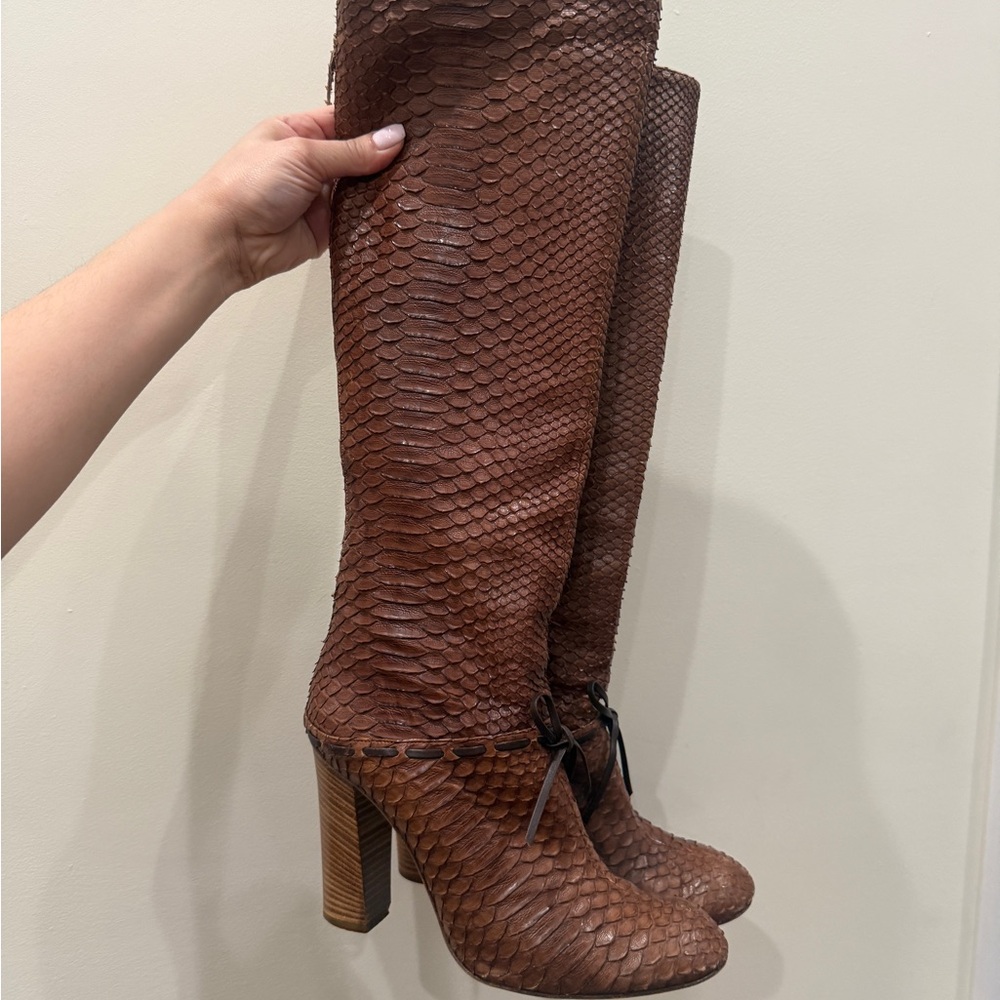 Chloe Leather Python Style Brown Heeled Boots - image 2